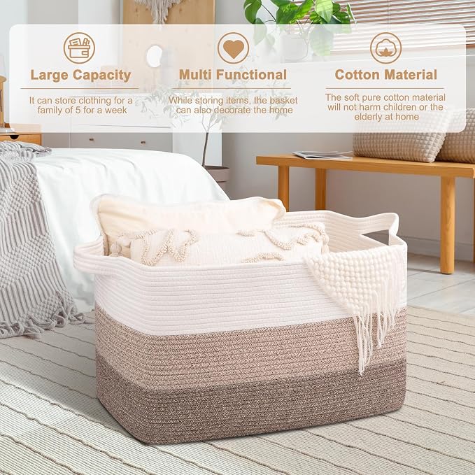 OIAHOMY Extra Large Blanket Basket, 95L Cotton Rope Woven Laundry Basket - Image 5