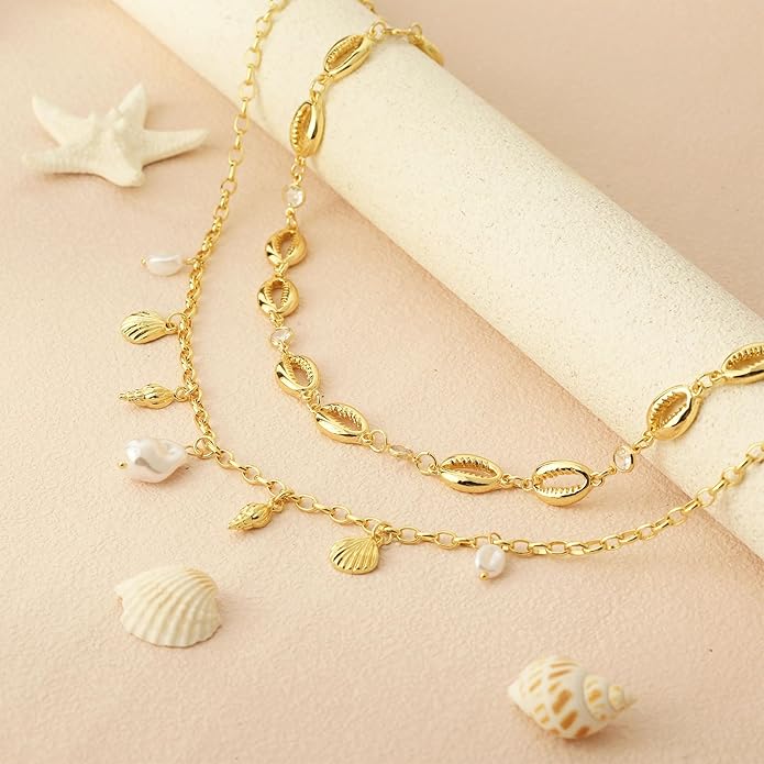 Shell Charm Necklace For Women Stack Seashell Pearl Dainty Starfish Beach Layered 14k Gold Plated Pendant Summer Boho Jewelry Gifts