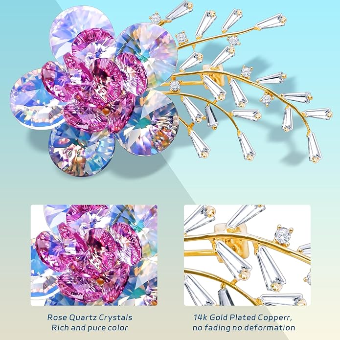 Brooches For Women,14k Gold Plated Copper,Crystal Roselle Cubic Zirconia Brooch Pins For Women ，Crystal Broach,Flower Broach