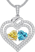 LOUISA SECRET Sparkling Double Heart Birthstone Necklaces for Women, 925 Sterling Silver Fine Jewelry, Pendant Heart Necklaces Birthday Anniversary Christmas Gift for Women Wife Mom Girlfriend Lady