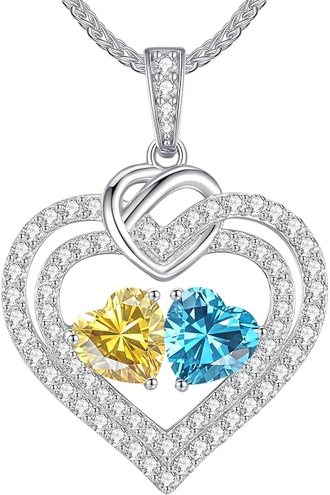 LOUISA SECRET Sparkling Double Heart Birthstone Necklaces for Women, 925 Sterling Silver Fine Jewelry, Pendant Heart Necklaces Birthday Anniversary Christmas Gift for Women Wife Mom Girlfriend Lady