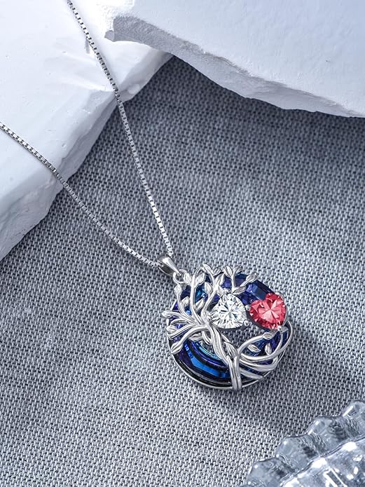TOUPOP s925 Sterling Silver Family Celtic Tree of Life Pendant Necklaces with 2 Heart Birthstone with Blue Austrian Crystal Jewelry Birthday Valentines Day Gifts for Her, Anniversary Christmas Gifts for Wife Girlfriend Mom (18K Real White Gold Filled)