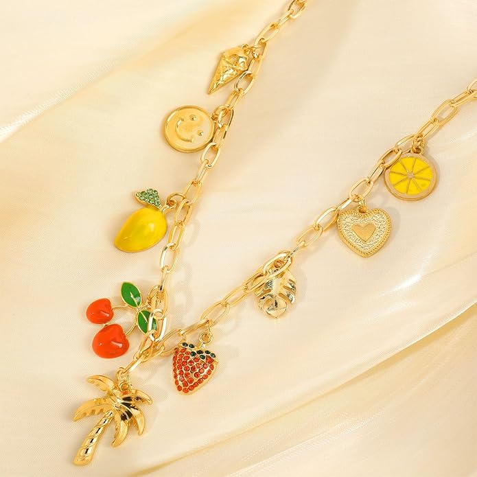 [3 Trendy Styles] Women's Necklaces - Alloy with Glass Crystals & Pearls, Electroplated O - Link Chain, Mermaid Inspired by Fantasy Aesthetics/Bow with Y2K Sweet Charm/Cherry Fruit in the Latest Kawaii Vibe, 47cm(18.5in) Chain Length + 6.5cm(2.55in) Ex...