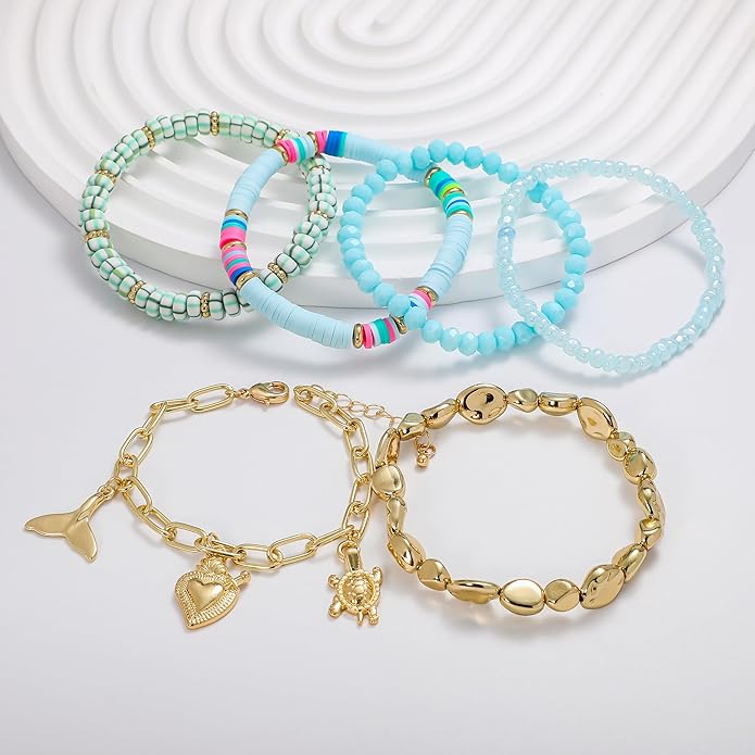 Shell Bracelet Seashell Boho Beaded Stretch Bracelets for Women Summer Beach Bracelets Starfish Charm Bracelet Stackable Gold Plated Bracelets Set for Women