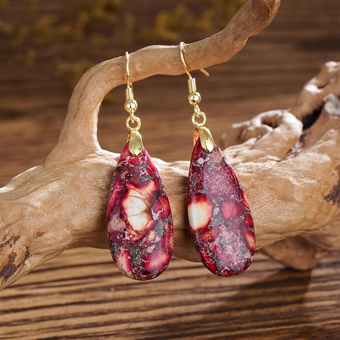 Boho Women Natural Stone Earrings Unique Healing Imperial Jasper Gemstone Energy Hypoallergenic Lightweight Dangle Drop Earrings Multiple Styles Earrings Jewelry for Birthday Party Gift