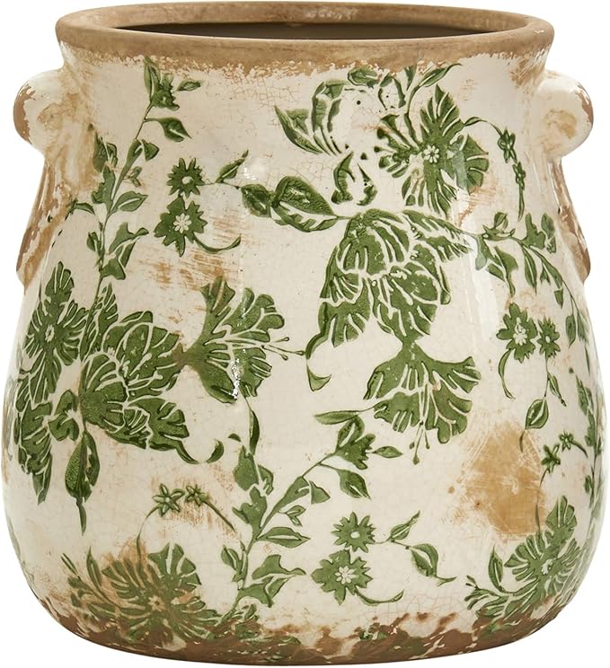 Nearly Natural 6.5 in Tuscan Ceramic Green Floral Scroll Decorative Vase | by NearlyNatural
