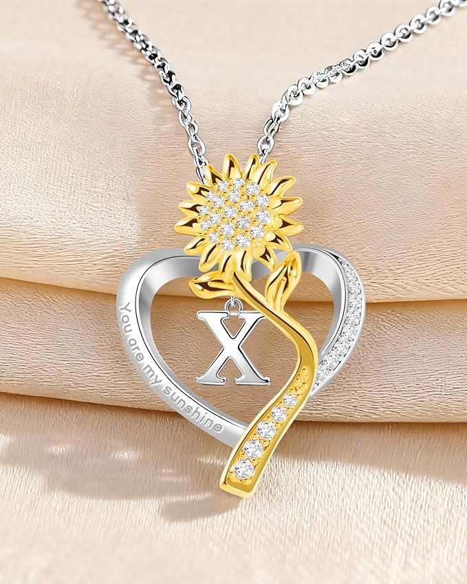 Birthday Gifts for Women Preserved Real Rose with Sunflower Initial Necklace - Birthday Gifts for Women Her Mom Wife on Valentines Mothers Day Christmas Anniversary Romantic with Pendant X