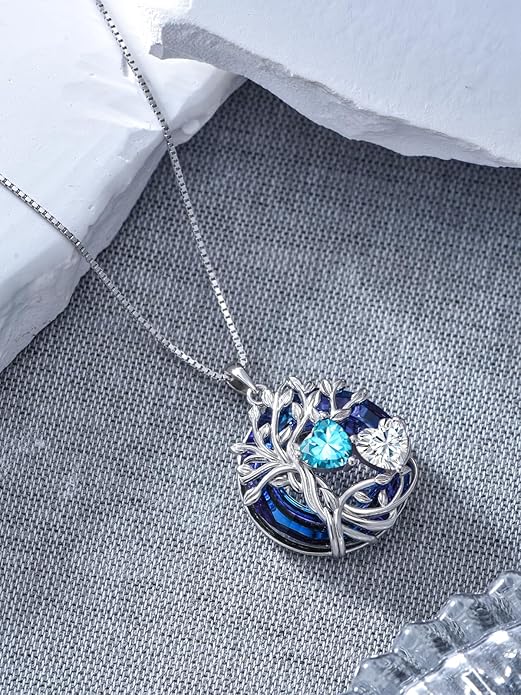 TOUPOP s925 Sterling Silver Family Celtic Tree of Life Pendant Necklaces with 2 Heart Birthstone with Blue Austrian Crystal Jewelry Birthday Valentines Day Gifts for Her, Anniversary Christmas Gifts for Wife Girlfriend Mom (18K Real White Gold Filled)