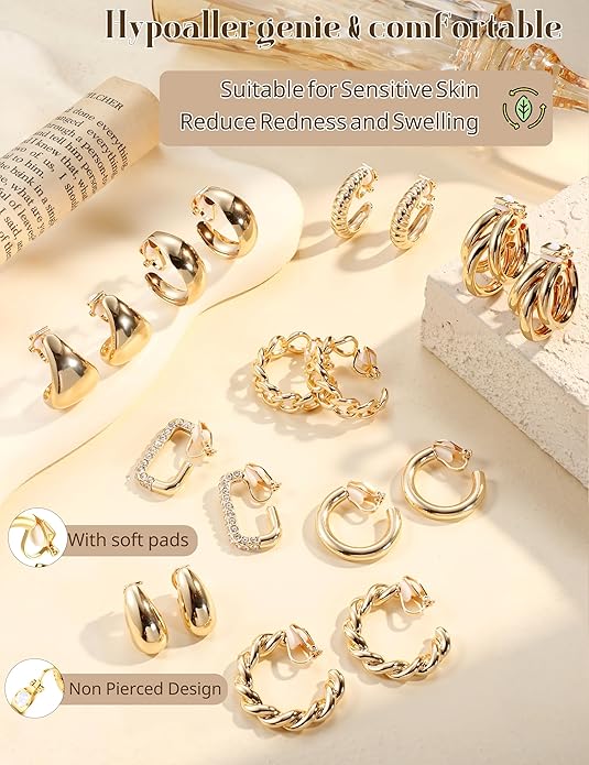 YADOCA 9 Pairs Gold Clip on Earrings for Women 14K Gold Plated Waterdrop Chunky Clip on Hoop Earrings No Piercing Fake Earrings Set