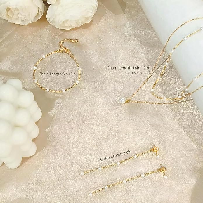 Gold Jewelry Set for Women - Dainty 14K Gold Plated Pearl Necklace and Earring Set with Drop Earrings, Bracelets, Choker Necklace - Wedding Jewelry Gift