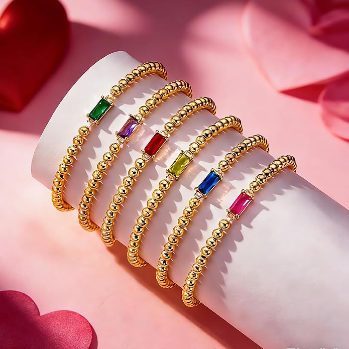 Yoosteel Valentines Gifts for Her Kids Girls - Valentines Day Bracelets Dainty Birthstone Bracelet for Women Elastic 14K-Gold-Plated Bead Bracelets Trendy Friendship Birthday Jewelry Gift for Teenage Girl Women