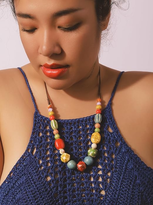 MINACHI Hippie Boho Colorful Ceramic Round Beads Strand Necklace, Bohemian Fashion Statement Jewelry Gift for Women
