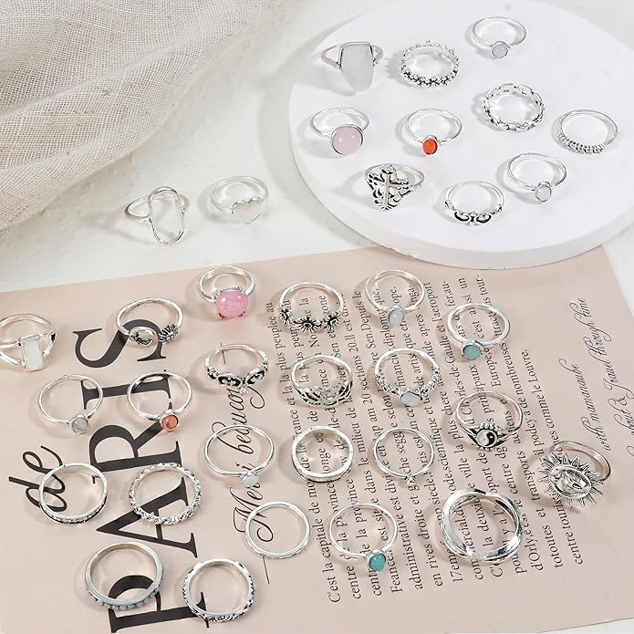 Subiceto 70 Pcs Vintage Crystal Ring Set Knuckle Rings for Women Bohemian Stackable Joint Rings Retro Boho Stacking Joint Finger Rings Pack