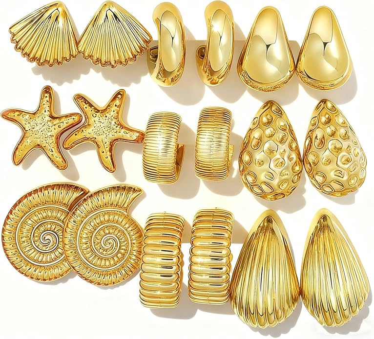 12 Pairs Chunky Gold Hoop Earrings for Women Trendy, Gold Plated Lightweight Hypoallergenic Stack, Thick Open Twisted Huggie Hoops Earring Set
