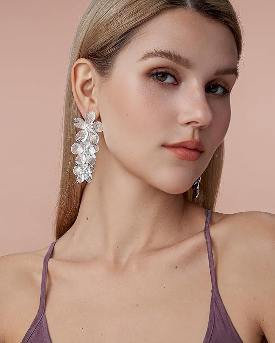 18K Gold Plated Large Chunky Flower Statement Earrings for Women by SNGIA, Summer Beach Floral Handmade Drop Jewelry, Maximalist Wedding Date Birthday Gift, Bold Exaggerated Textured Dangle Trendy Ribbed Jewelry, 18K Gold Plated Chandelier Fashion Acce...