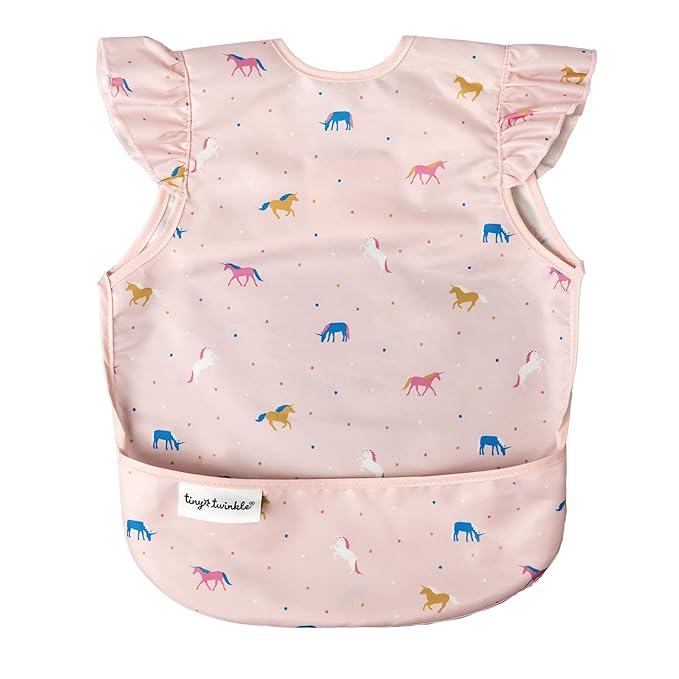 Tiny Twinkle Short Sleeve Apron Baby & Toddler Bib for Girls – Waterproof, Mess-Proof Bibs for Eating & Feeding, Machine Washable,Perfect Holiday Gift (Unicorn Confetti, 2-4Y)