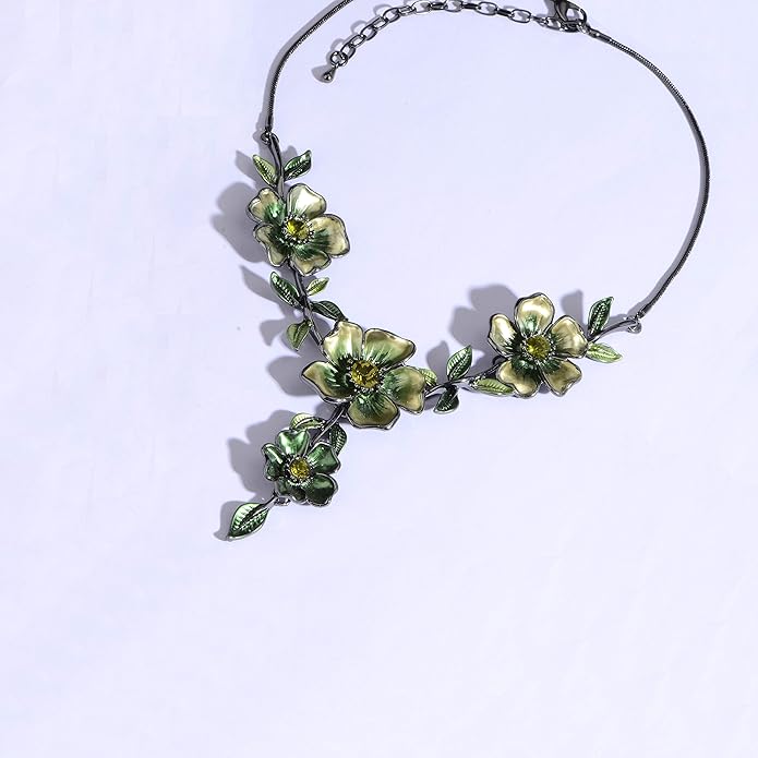 AMYJANE Vintage Statement Jewelry Set - Spring Leaf Flower Floral Plant Necklace Earring Set Crystal Rhinestone Fashion Costume Jewelry for Women Prom Party Unique Gift
