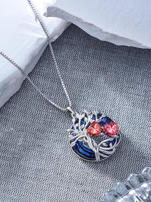 TOUPOP s925 Sterling Silver Family Celtic Tree of Life Pendant Necklaces with 2 Heart Birthstone with Blue Austrian Crystal Jewelry Birthday Valentines Day Gifts for Her, Anniversary Christmas Gifts for Wife Girlfriend Mom (18K Real White Gold Filled)