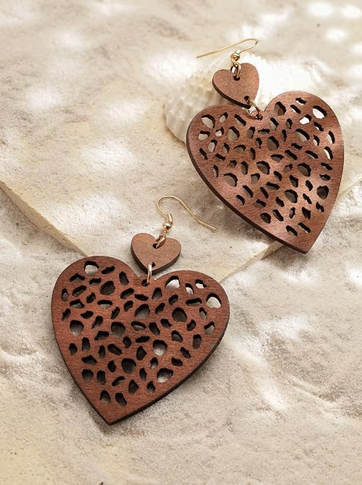 MINACHI Bohemian Hollow Cut-Out Wood Leather Dangle Drop Earrings, Boho Chic Hippie Statement Jewelry Gift for Women