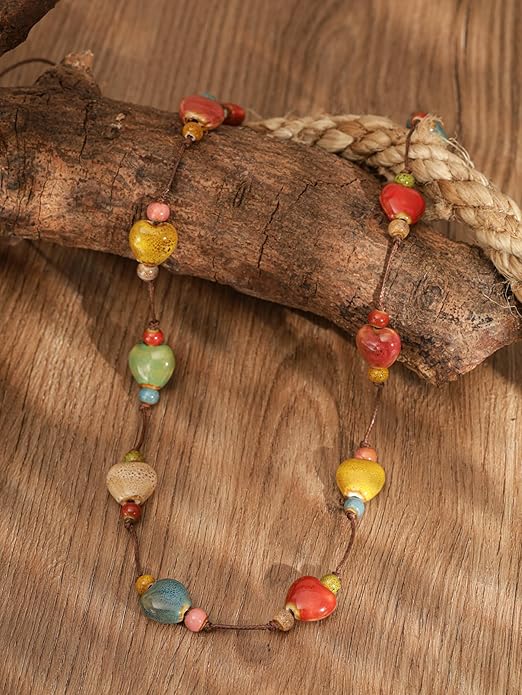 MINACHI Hippie Bohemian Colorful Ceramic Bead Long Strand Necklace, Boho Hippie Beach Summer Statement Jewelry Gift for Women