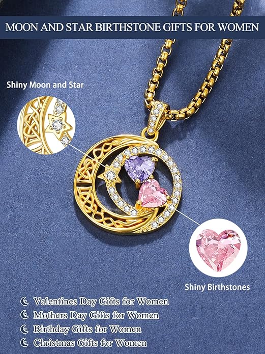 14K Gold Moon and Star Necklace Gifts for Women - Double Heart Birthstone Necklace, Valentines Wedding Anniversary Birthday Gifts for Her Wife Mom Daughter Grandma Sister