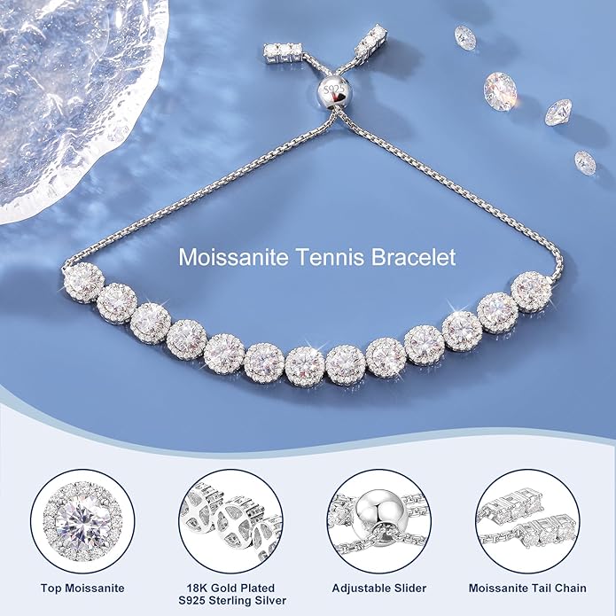 Moissanite Halo Bracelet 4.9CT-8.0CT Lab Grown Moissanite Bracelet for Women 18K White Gold Plated S925 Sterling Silver Adjustable Tennis Bracelet 5MM/7.5MM Iced Out Bracelets Cluster Jewelry
