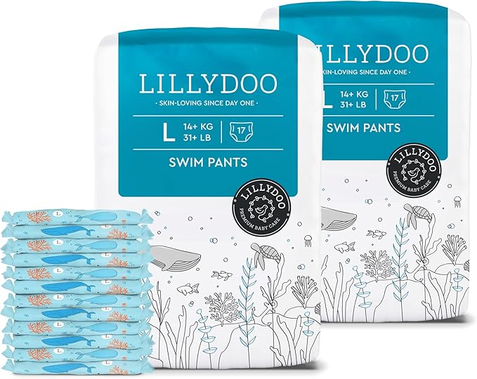 LILLYDOO Baby Swim Diapers - Size Large (31+ lbs), Half-Monthly Supply (34 Count), Blue Whales Design, Skin-Friendly, Perfume- & Chlorine-Free, Hypoallergenic, Dermatologist Tested, Oeko-TEX®