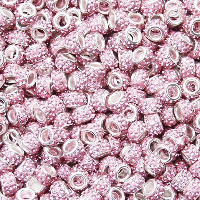 100Pcs Rhinestone Large Hole Beads Spacer Beads Pink European Craft Big Beads Large Hole Rhinestones Lampwork Murano Bead Fairy Wand Garden Beads for DIY Bracelet Necklace Jewelry Making Supplies