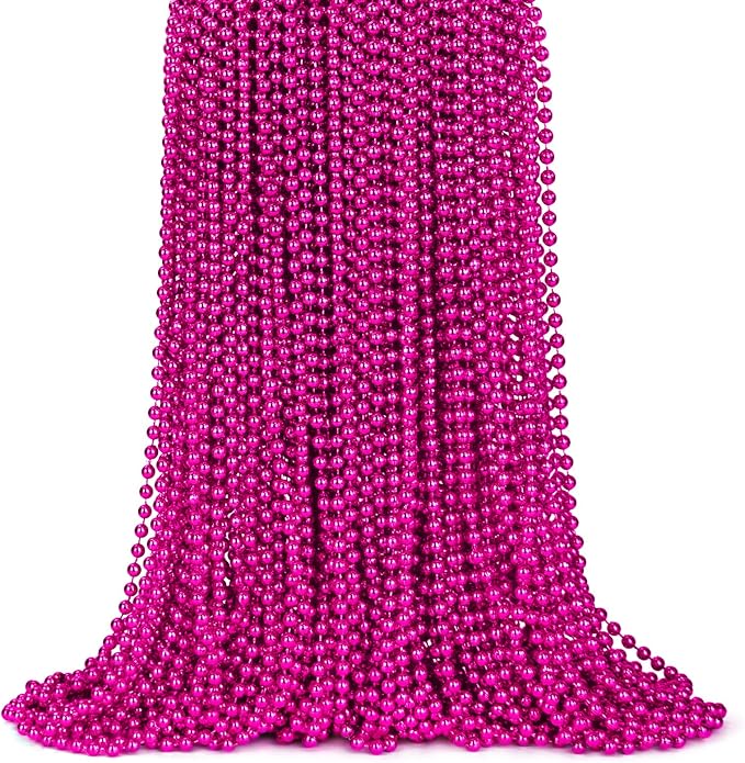 ZYFLSQ 100 Pcs 33" 7mm Metallic Hot Pink Beads Necklaces, Bulk Mardi Gras Beaded Necklaces, Party Beads Costume Necklaces (Hot Pink)