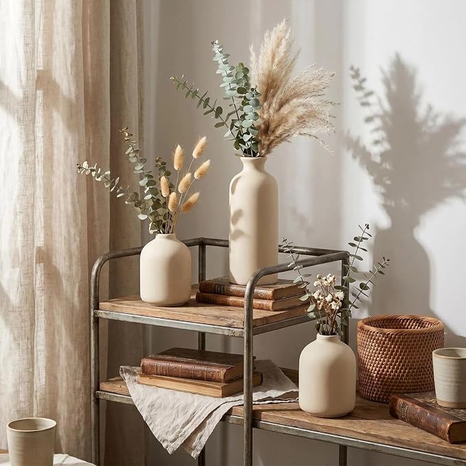 Small Ceramic Vase Set of 3, Modern Boho Farmhouse Flowers Vases | Decorative - Image 5
