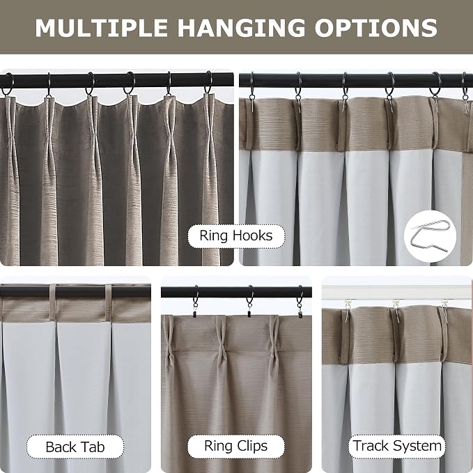 Vision Home Mocha Tan Velvet Pinch Pleated Blackout Curtains 40Wx120L Inch | 2 - Image 3