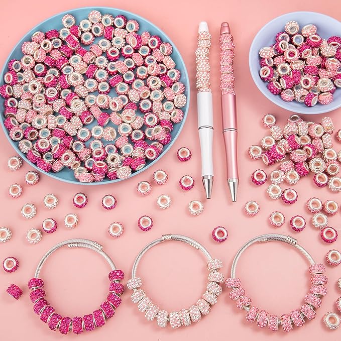 200 Pieces European Large Hole Spacer Beads, Pink European Craft Beads Rhinestone Lampwork Beads Fairy Garden Beads for DIY Charms Bracelet Necklace Earring Jewelry Making Supplies