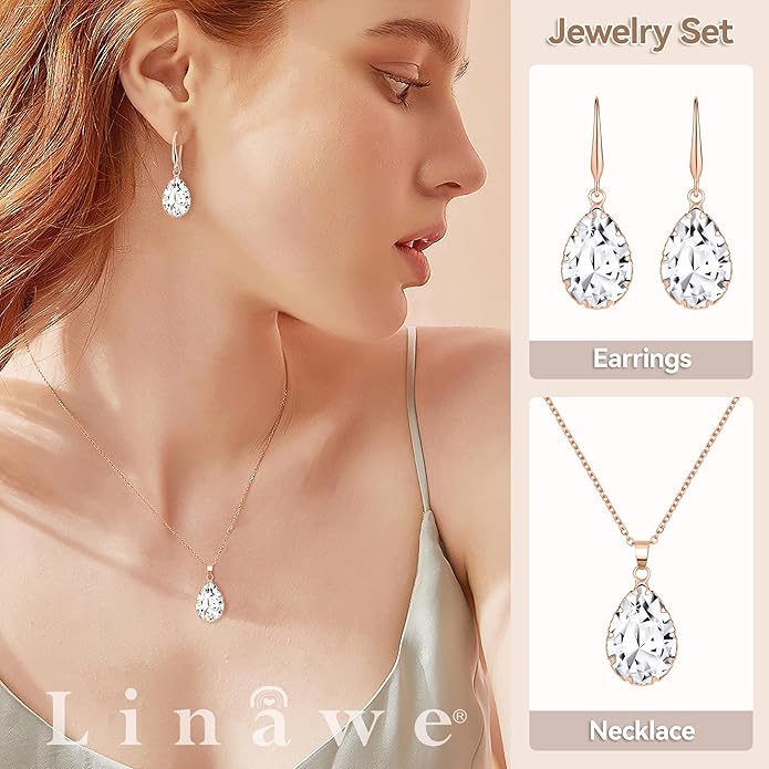 Linawe Crystal Jewelry Sets for Women, Imitation Diamond Pendant Necklace, Rhinestone Drop Dangle Earrings, Birthstone Cubic Zirconia Matching Wedding Jewelry, 14K Gold/Rose Gold/Silver Tones