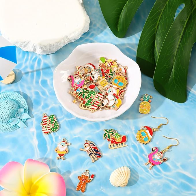 MARFOREVER 40 Pcs/20 Pairs Christmas in July Charms, Summer Christmas Enamel Charm Holiday in July Beach Hawaiian Pendants for Bracelet Necklace Earrings Making Accessories