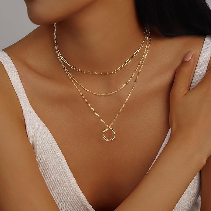 Evabelle Gold Layered Necklace for Women Trendy Jewelry 14K Real Gold Plated Chunky Chain Stackable Necklaces Dainty Choker Necklaces Rectangle Square Pendant