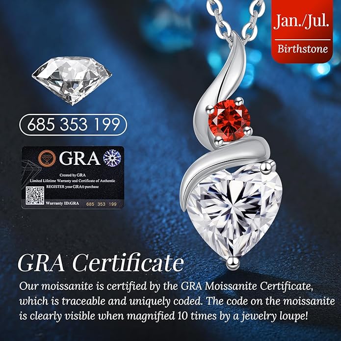 ANDSO Valentine's Day Gift Moissanite Heart Pendant Necklaces for Women, 925 Sterling Silver Necklace with Birthstone, Ideal Anniversary Present or Birthday Jewelry Gifts for Mom Wife Her Girlfriend