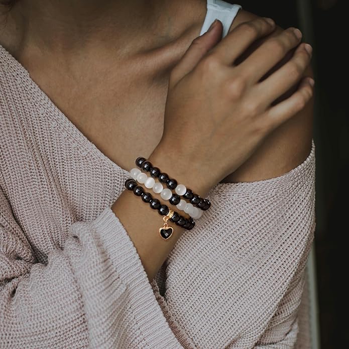 Healing Crystal Beaded Bracelets for Women,Natural Amethyst Gemstones Bracelet,Anxiety Stress Relief Heart Charm Bracelet Handmade purple Jewelry Gifts for Women