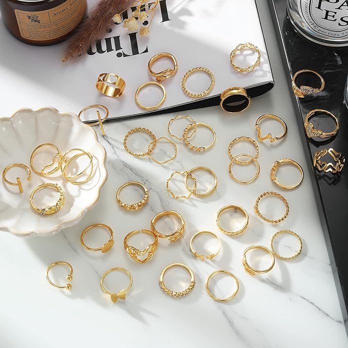 19-36 Pcs Gold Boho Knuckle Rings Set for Women, Vintage Stackable Dainty Joint Finger Gold Jewelry Set with Love Pearl and Sparkling Crystals