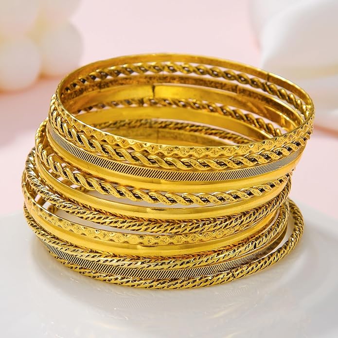 16Pcs Gold Bangle Bracelets for Women - Multi Layer Stackable Textured Bracelets Boho Jewelrys Set.