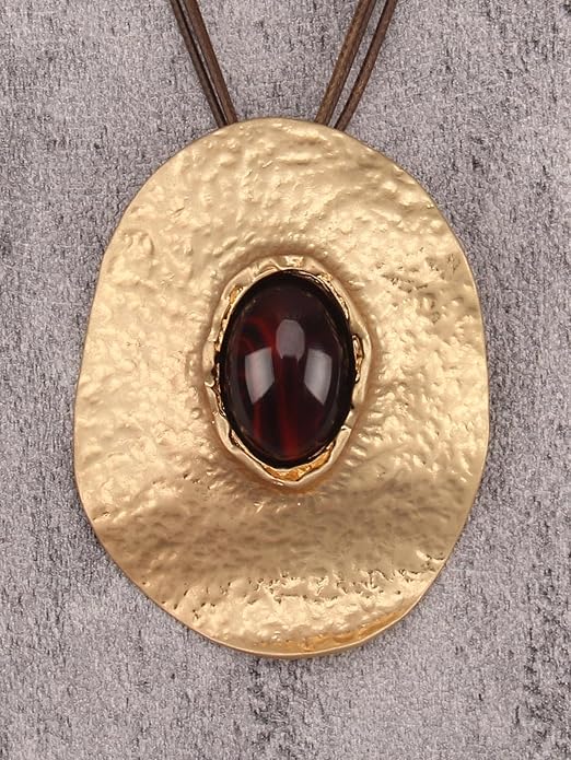 GelConnie Leather Necklace for Women Large Pendant Long Brown Necklace Circle Leather Choker Vintage Sweater Necklace Gold Chunky Boho Necklaces for Women