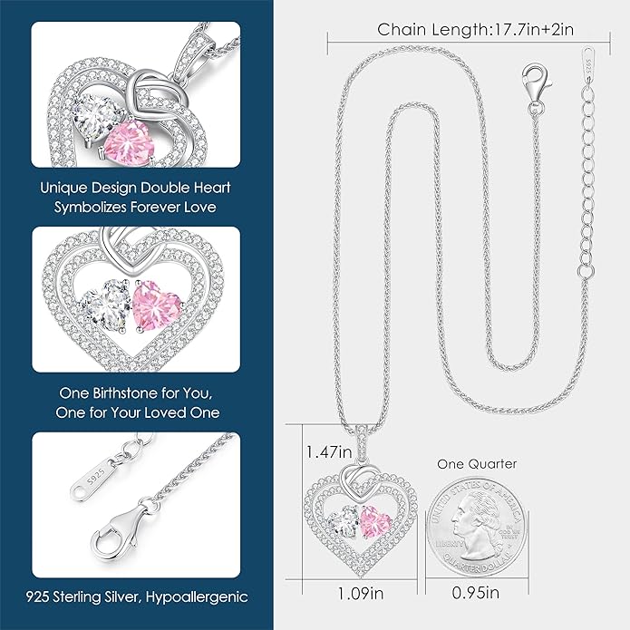 LOUISA SECRET Sparkling Double Heart Birthstone Necklaces for Women, 925 Sterling Silver Fine Jewelry, Pendant Heart Necklaces Birthday Anniversary Christmas Gift for Women Wife Mom Girlfriend Lady