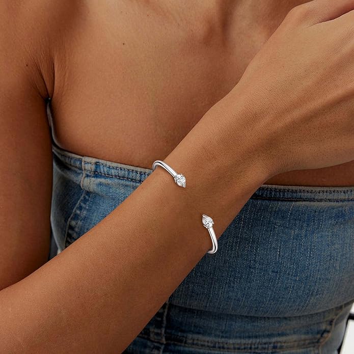 Pear Moissanite Cuff Bangle for Women, 1.6cttw D Color 5x7mm Pear Cut Moissanite, 925 Sterling Silver Dainty Bridal Cuff Bracelet, Fashion Wedding Jewelry for Her
