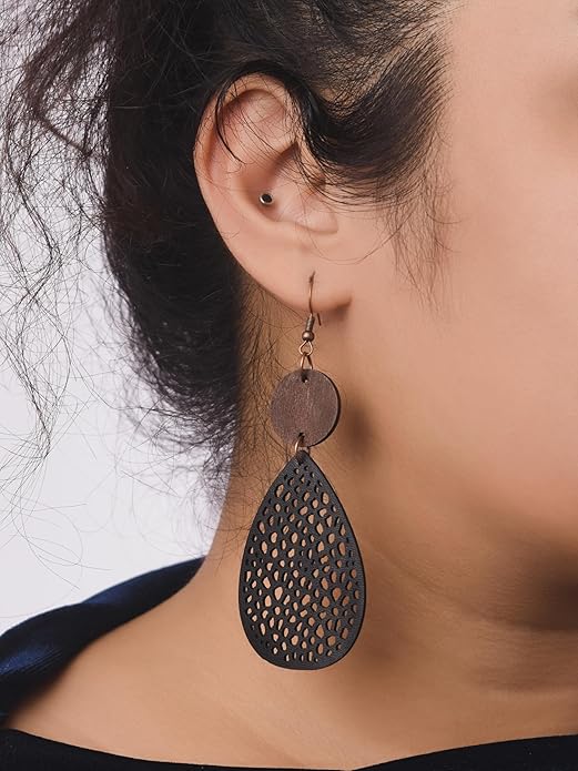 MINACHI Bohemian Hollow Cut-Out Wood Leather Dangle Drop Earrings, Boho Chic Hippie Statement Jewelry Gift for Women