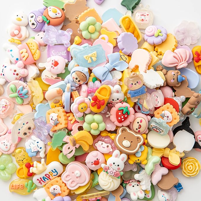 Slime Charms Cartoons Charms Cute Set - Mixed Lot Assorted Cartoons Kawaii Charms Resin Flatback Cute Sets for DIY Crafts Making,Decorations,Scrapbooking,Embellishments,Hair Clip 80pcs