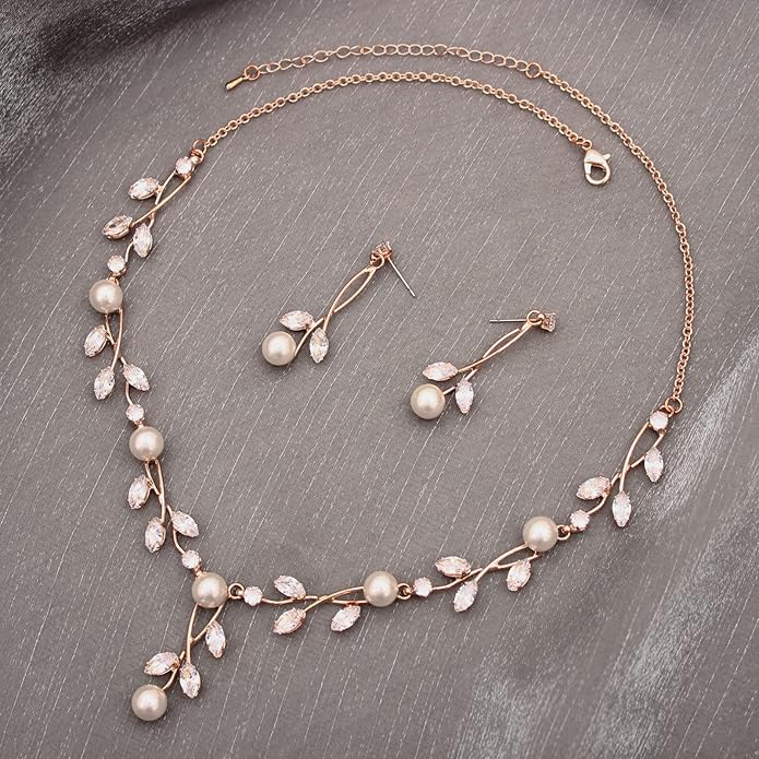 Luxury Cubic Zirconia Aurtrian Crystal Pearl Floral Necklace Dangle Earrings Wedding Bridal Jewelry Set Birthday Gifts for Her
