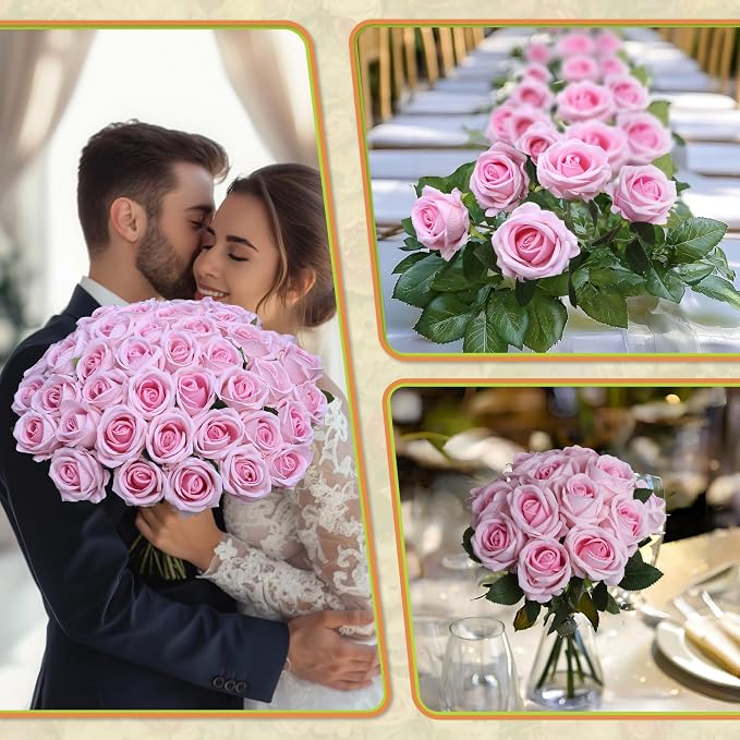 50 PCS Fake Pink Roses, Artificial Flowers Bulk, Realistic Silk Faux Roses | - Image 3