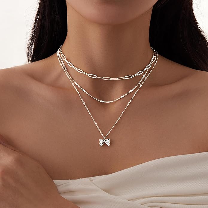 Layered Gold Necklaces for Women, Stackable Dainty 14K Gold Silver Plated Trendy Simple Heart Diamond Cross Bow Circle Pendant Paperclip Choker Dot Chain Necklace,Jewelry Set Gifts for Women
