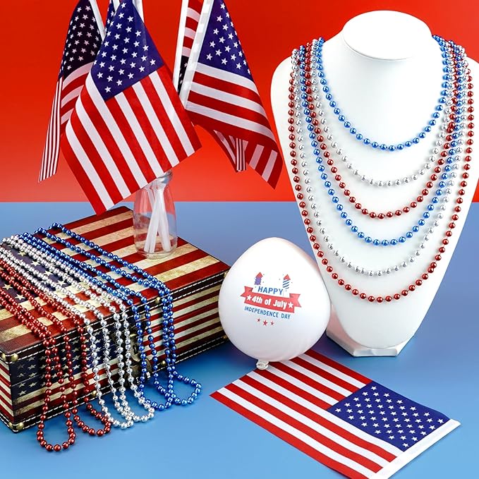 ZYFLSQ 100PCS 4th of July Bead Necklace, 33" 7mm Independence Day Bead Necklaces Bulk, Metallic Beaded Necklaces, 4th of July Accessories for Patriotic Parade Party Favors Decorations(Red/Silver/Blue)