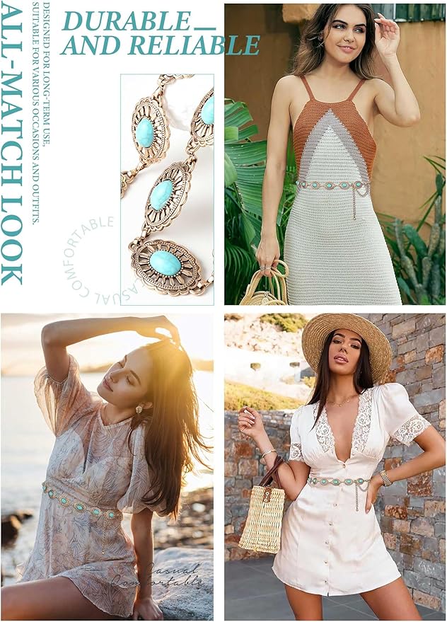 FIORETTO Metal Waist Chain Link Belt for Women Western Cowgirl Boho Turquoise Belts for Dress Jeans Country Concert Outfit