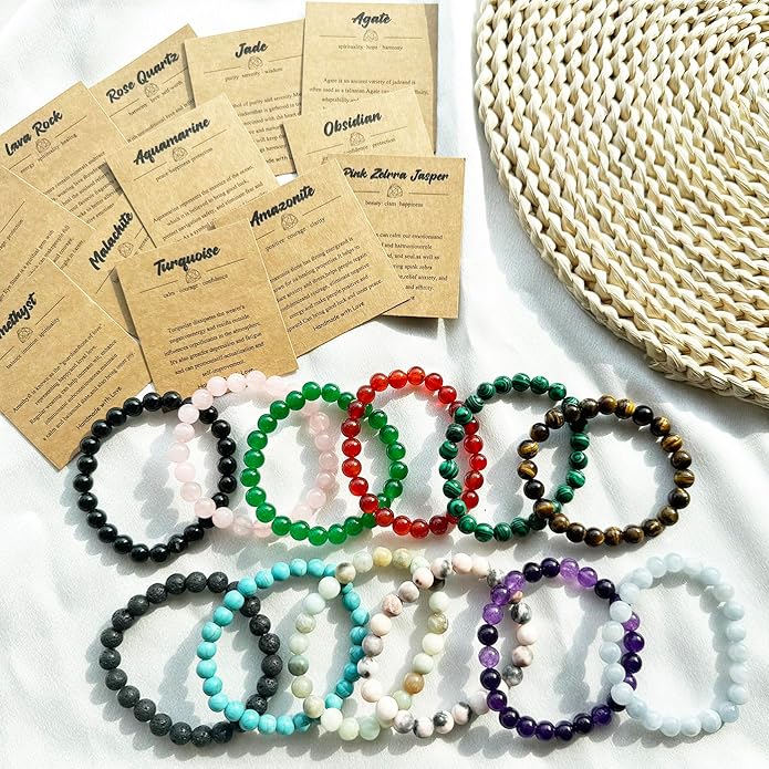 12 PCS 8mm Semi-Precious Gemstone Beaded Bracelets Natural Crystal Bracelets for Women Men, Round Gemstones Stretch Bracelet, Yoga Bracelets Jewelry Gifts